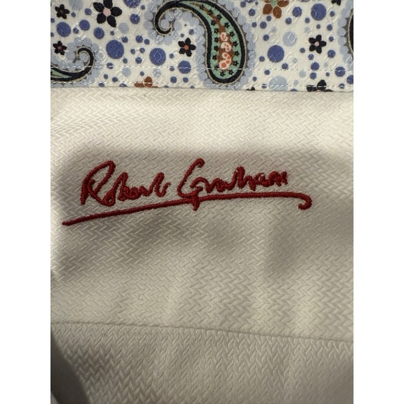 Robert‎ Graham Shirt Button XXL White Herringbone Paisley Blue Contrast Cuff - Picture 11 of 12
